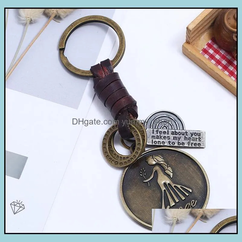 12 constellation keychain cowhide zodiac keychains retro woven key chain bronze keyring for birthday gift wholesale