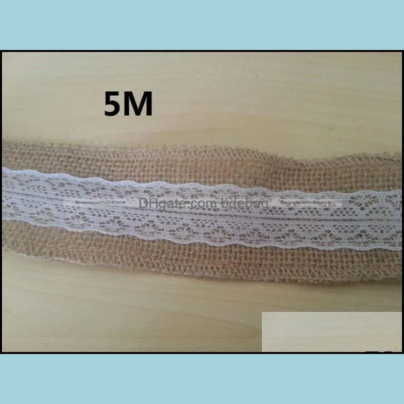 wholesale 5m natural jute burlap hessian ribbon with lace trims tape rustic wedding decor 41114006