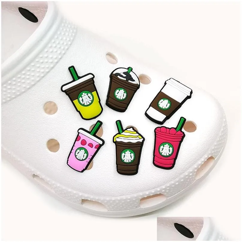 moq 100pcs tea with milk coffee cup cute cartoon pattern croc charms 2d soft rubber lovely shoe accessories shoes buckles charm decorations fit garden