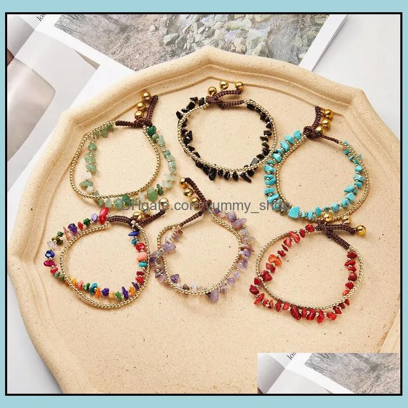 bohemian style natural gravel stone anklet doublelayer retro bell hand woven beaded foot chain 6 colors for women girls gift