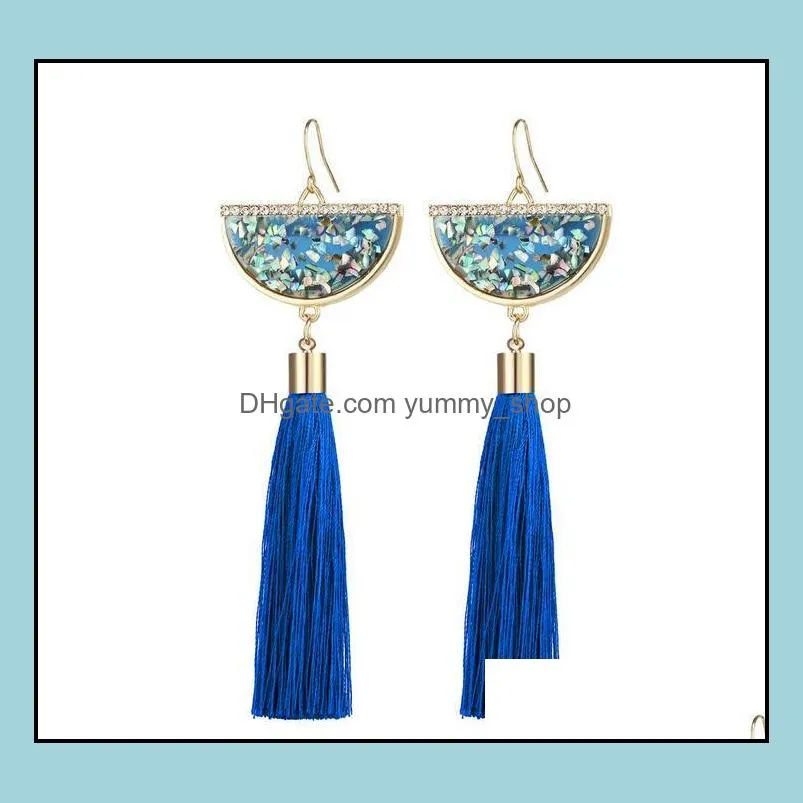 bohemian crystal tassel dangle earring black white blue red green silk fabric long drop tassels earrings for women jewelry gifts 6