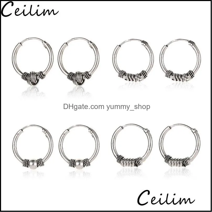 punk vintage circle hoop earrings female knotted hoop earrings ancient silver round ear ring for women men wholesale jewelry