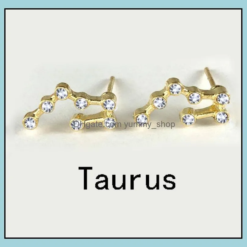 12 constellations metal diamonds stud earrings silver gold zodiac sign earring jewelry with gift card