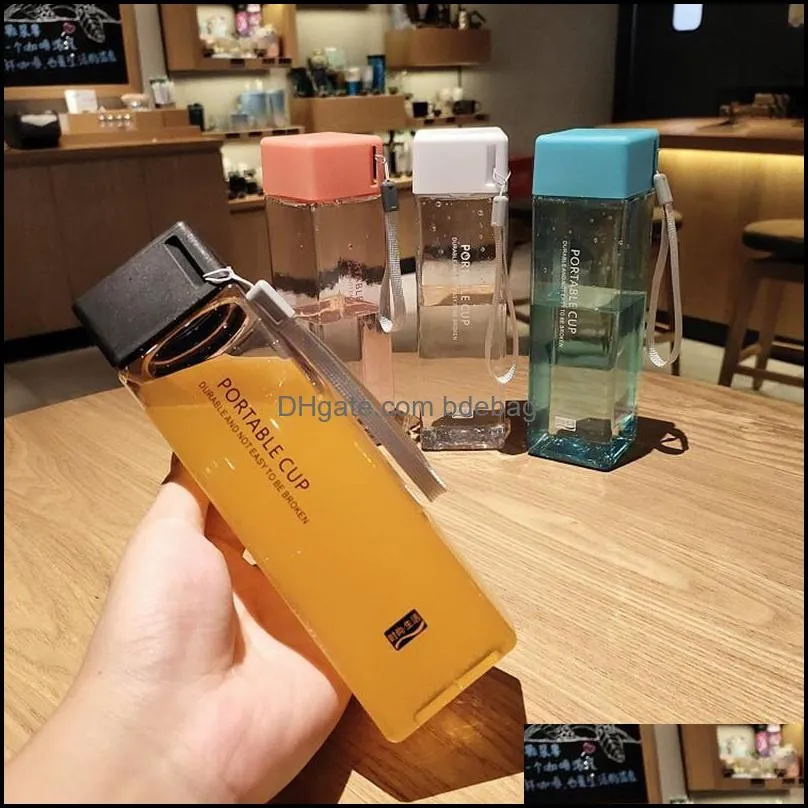 water bottles 1pc transparent square plastic matte cup outdoor cold juice sports with portable milk rope 450ml