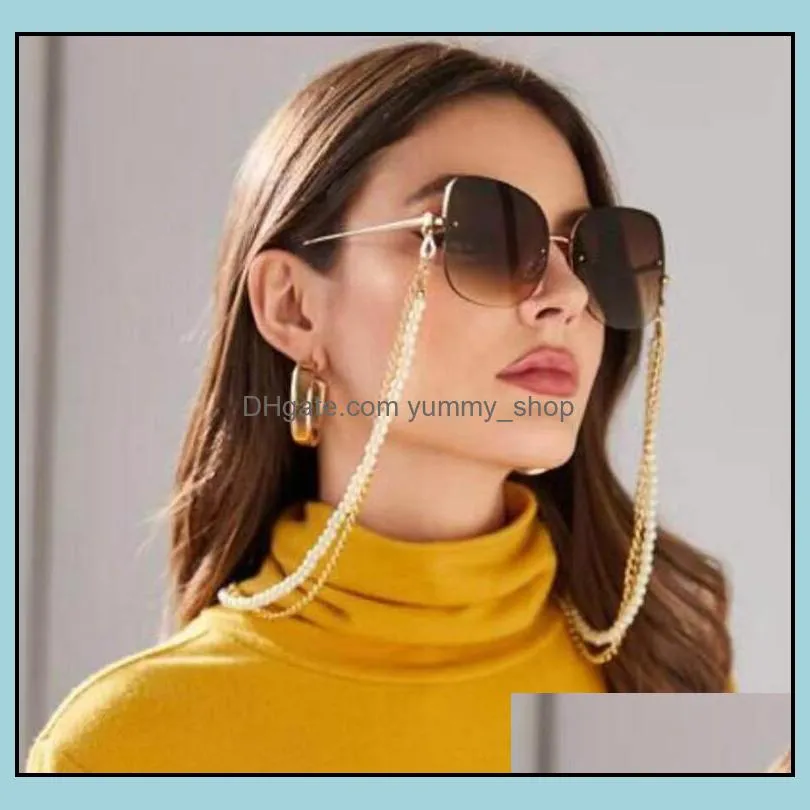 eyeglasses chains two layers white plastic beaded metal chain gold color plated silicone loops sunglass accessory