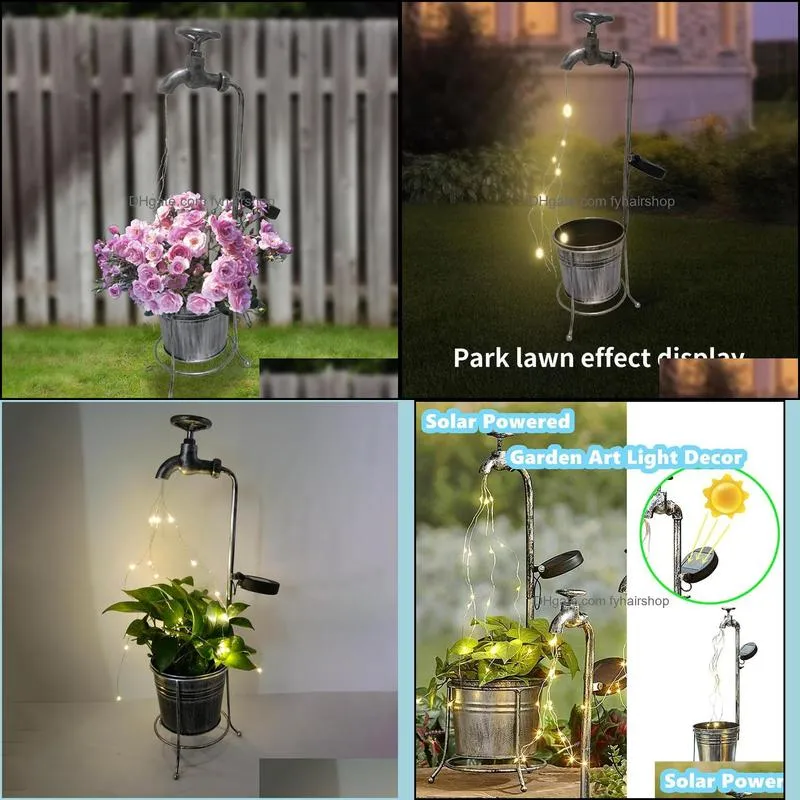 solar water faucet light with flower pot led flowing metal garden pile outdoor plant bracket for lawn lamps