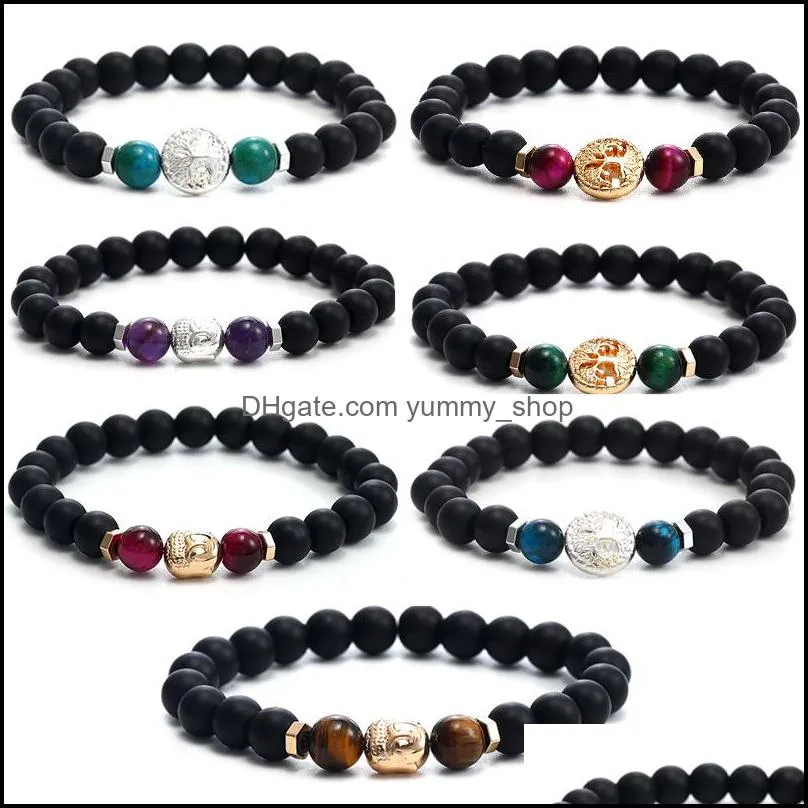 designer fashion 8mm tiger eye natural stone beaded bracelets buddha head tree of life charms chakra balance bracelet stretch jewelry