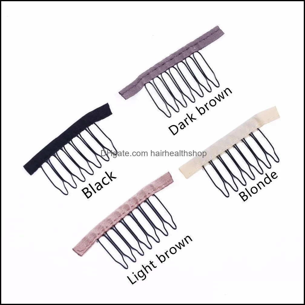 24 pcs/lot 4 colors lace wig clips steel 7 tooth polyester durable cloth wig combs for hairpiece caps wig accessories tools