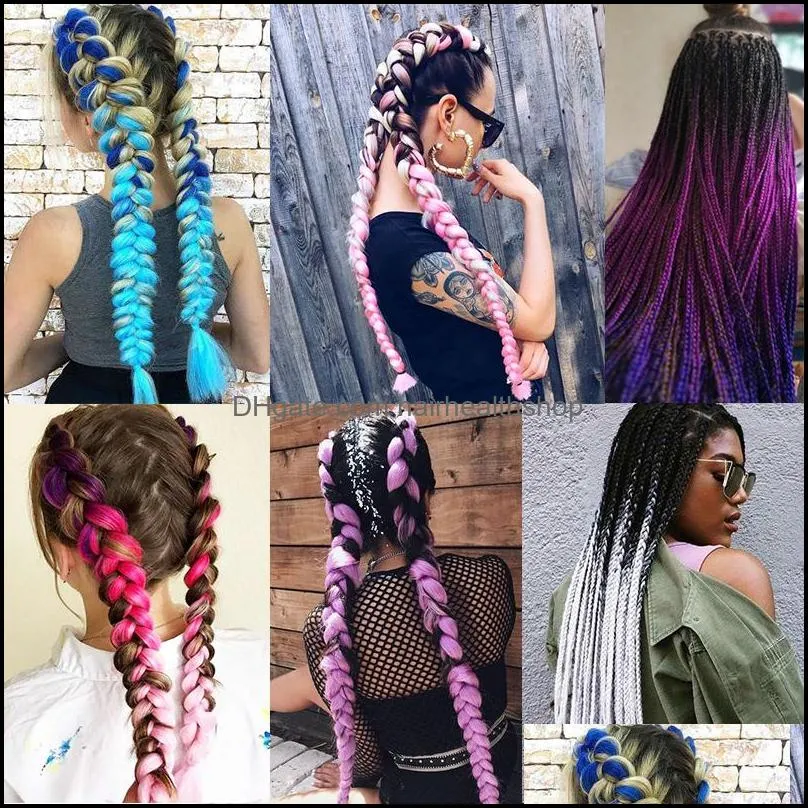 24 inches braiding hair extensions jumbo crochet braids synthetic hair style 100g/pc pure blonde pink green blue