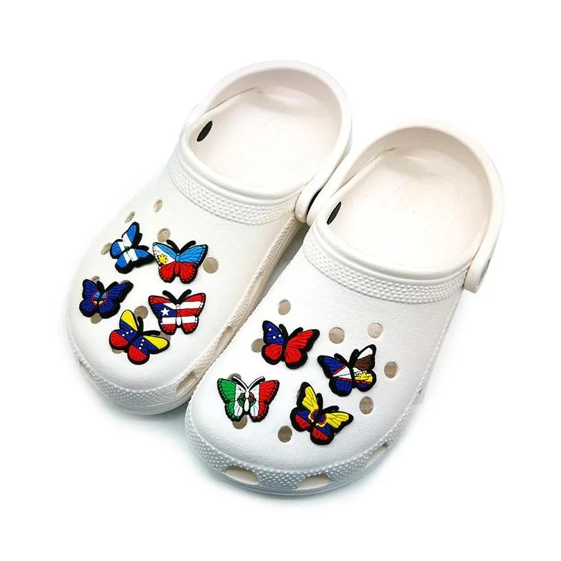 moq 100pcs flag pattern butterfly cartoon croc jibz 2d soft plastic shoe charms accessories shoes buckles decorations fit men womens garden shoes