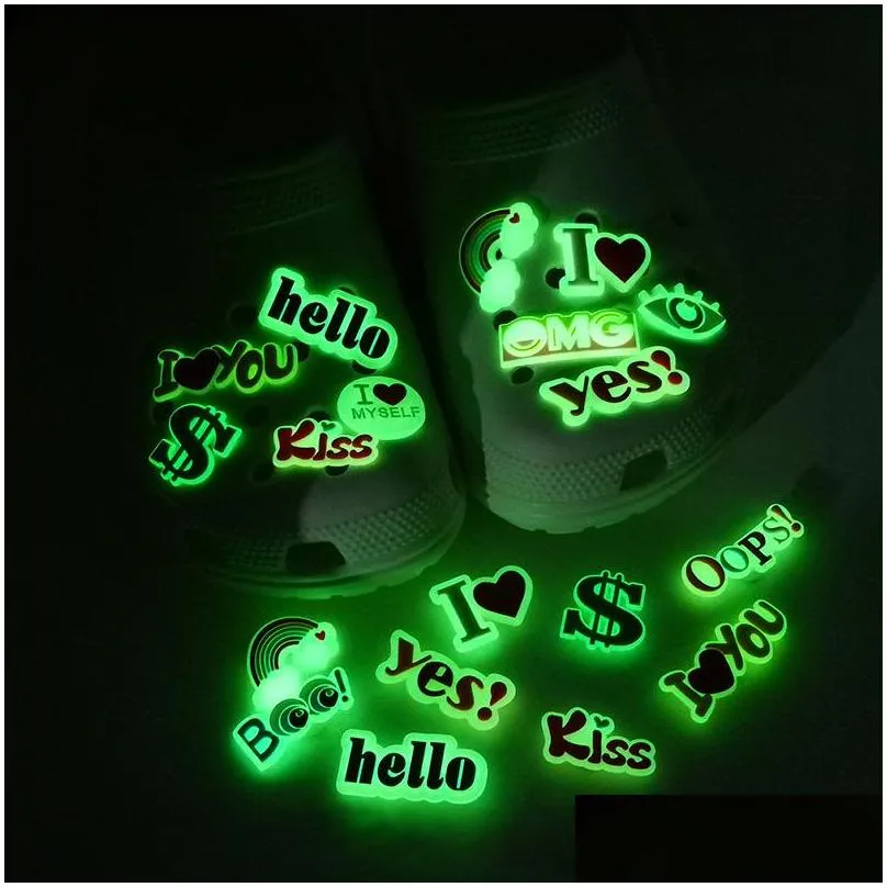 moq 50pcs luminous croc shoe charms sweet style rainbow glow in the dark shoe buckles accessories decorations 2d plastic fluorescent clog pins fit kids garden