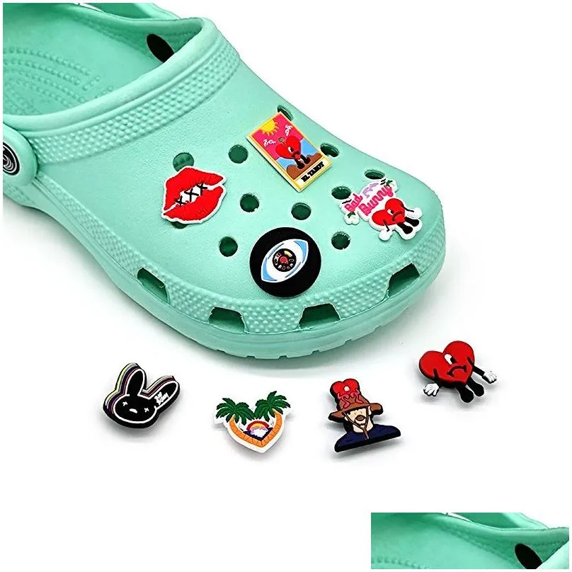 moq 100pcs hot bad bunny pattern croc charms 2d soft pvc clog shoe parts accessories fashion shoe buckles decorations fit men sandals kids wristlets