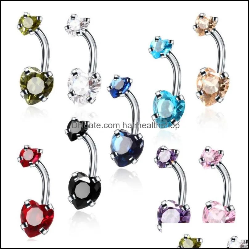 14g belly button rings surgical stainless steel double heart cubic zirconia navel barbell stud body piercing