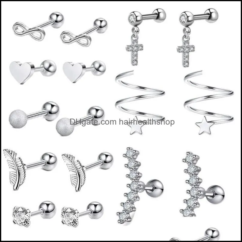 16g stainless steel moon heart cross rose ear barbell helix tragus cartilage earring set body piercing jewelry for men and women