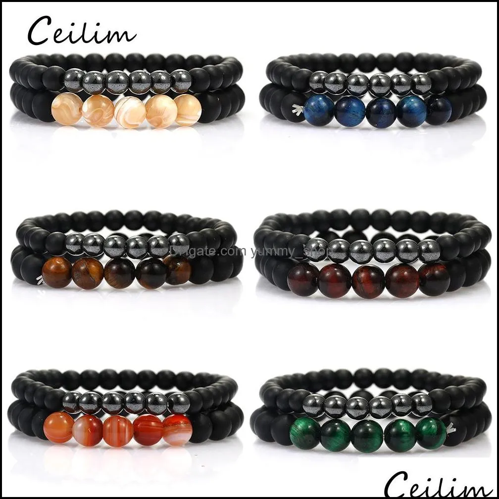 2pcs /set chakra balance yoga beads bracelet for women men 6mm 8mm tiger eye natural stone elastic bracelets stretch casual jewelry