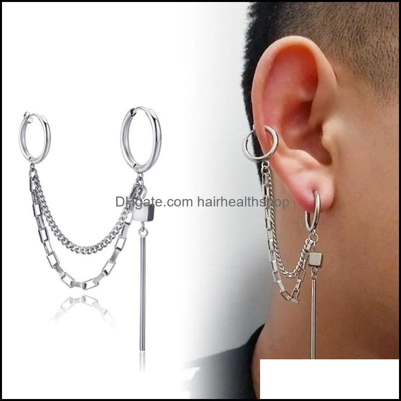 titanium steel tassel body jewelry korean rock punk chain dangle earrings hoop earring for men