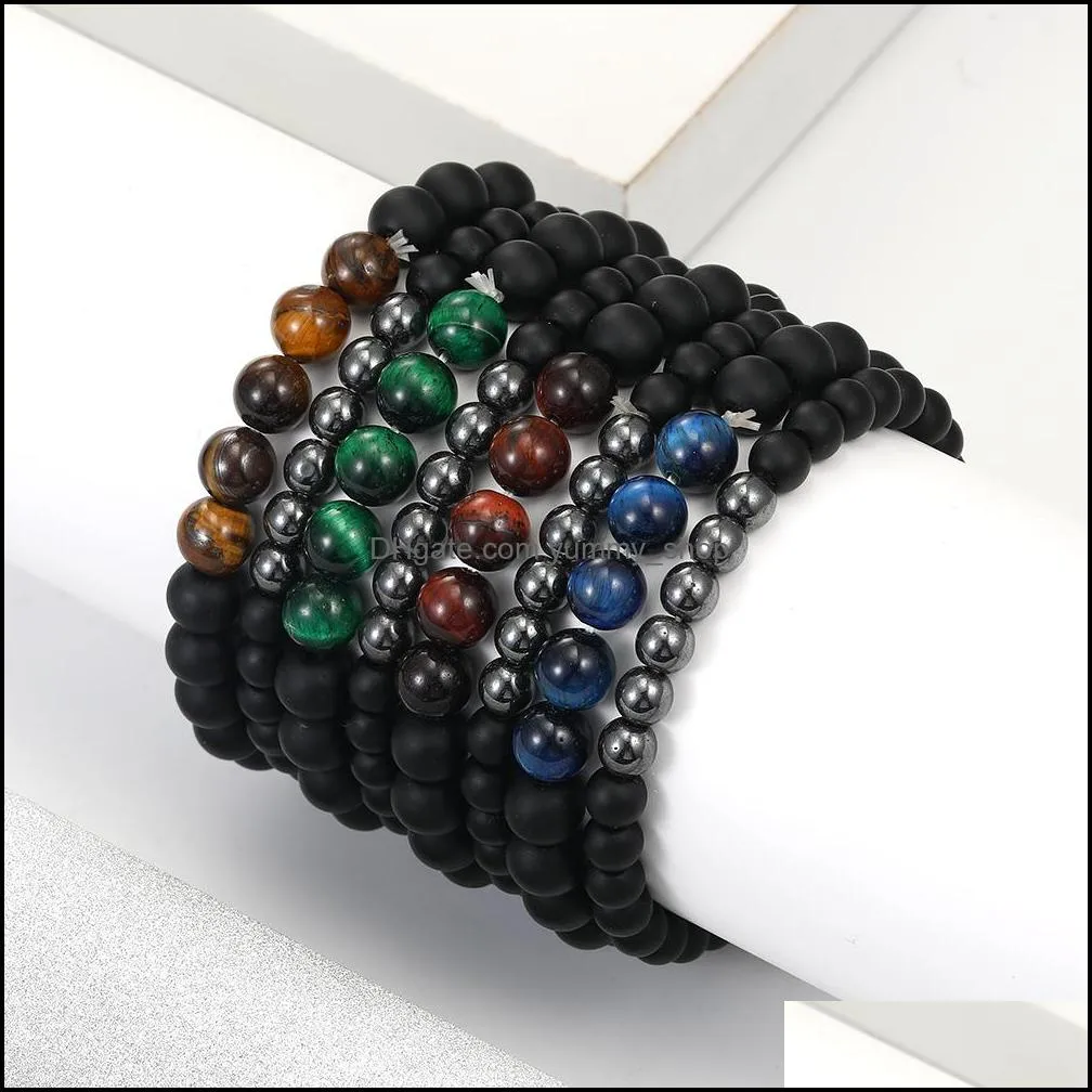 2pcs /set chakra balance yoga beads bracelet for women men 6mm 8mm tiger eye natural stone elastic bracelets stretch casual jewelry