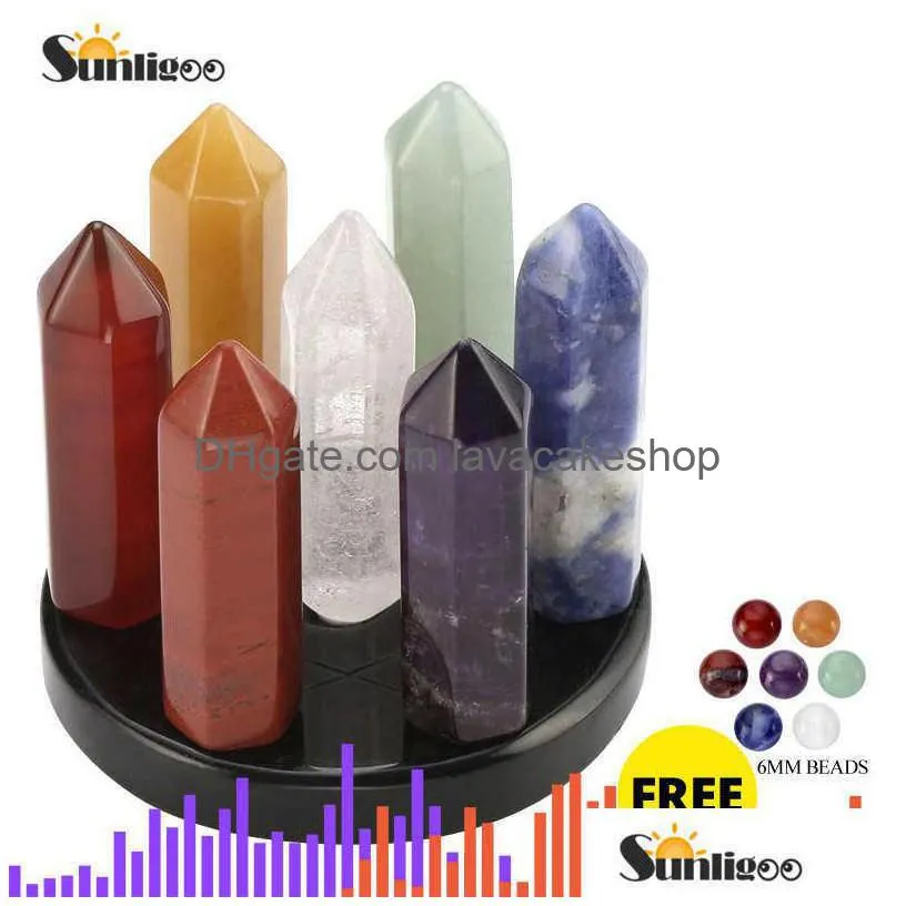 sunligoo 7 chakra star group reiki healing crystal quartz energy stone hexagonal point array statue figurine obsidian stand set