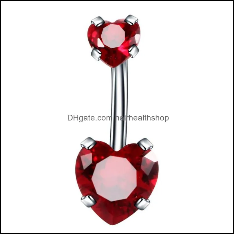 14g belly button rings surgical stainless steel double heart cubic zirconia navel barbell stud body piercing