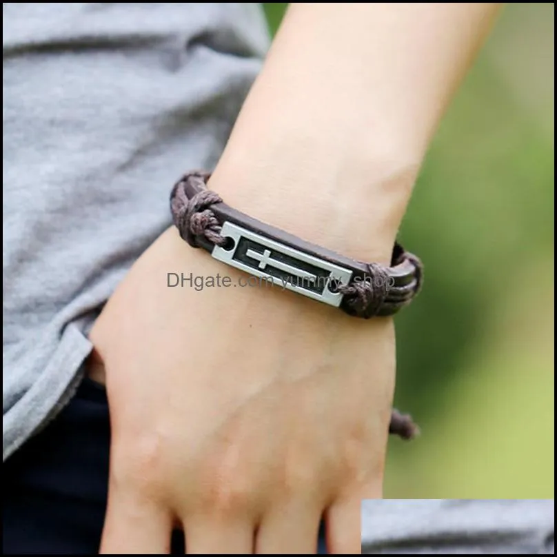 vintage leather bracelets bangles metal cross jesus charm bracelet adjustable wax cord bracelet for men women