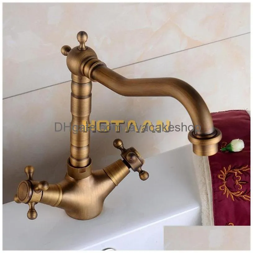 basin faucets antique brass bathroom sink faucet 360 degree swivel spout double cross handle bath kitchen mixer hot and cold tap
