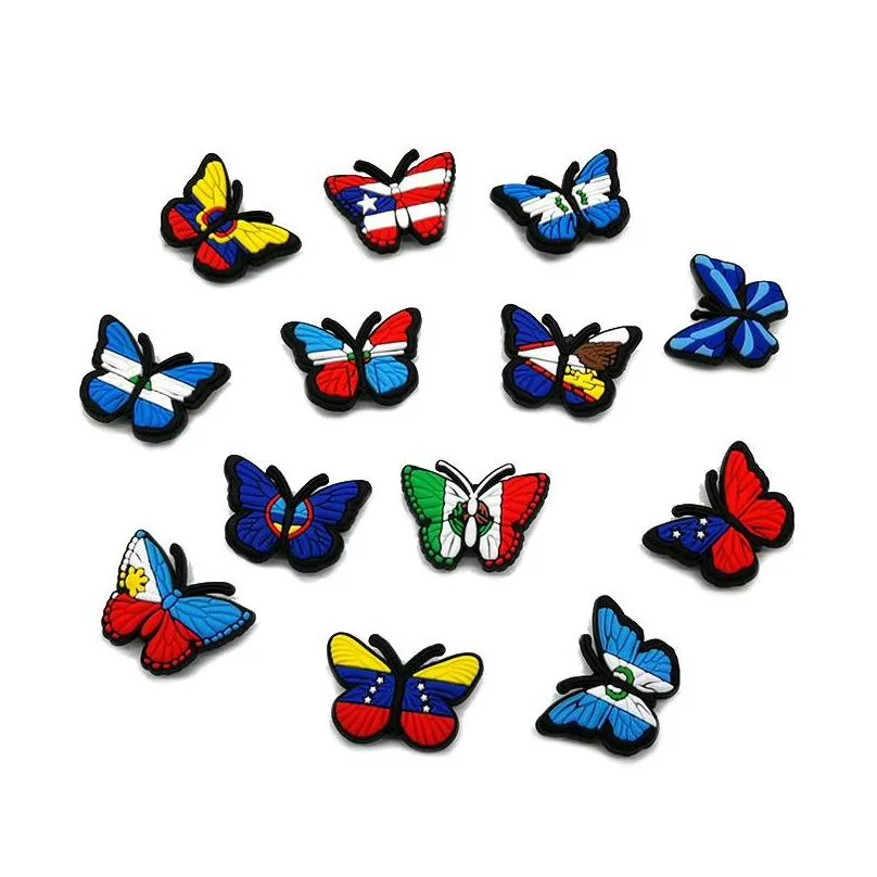 moq 100pcs flag pattern butterfly cartoon croc jibz 2d soft plastic shoe charms accessories shoes buckles decorations fit men womens garden shoes