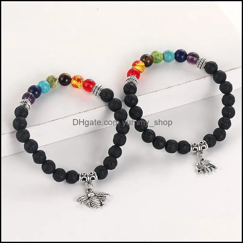 fashion 6mm 7 chakras lava stone beads bracelet bee heart love friendship elephant angel charms yaga bead bracelet for men women