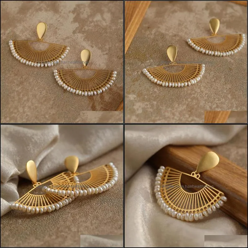 hand knitting hollow pearl earrings fan shaped body ear jewelry with  water pearls for women and girls