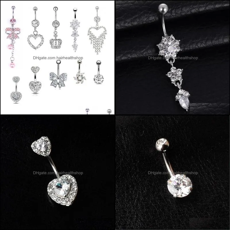 10pcs dangle belly button rings kit fashionable stainless steel navel barbells cz body piercing jewellery for women