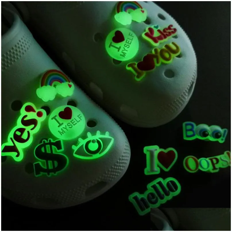 moq 50pcs luminous croc shoe charms sweet style rainbow glow in the dark shoe buckles accessories decorations 2d plastic fluorescent clog pins fit kids garden