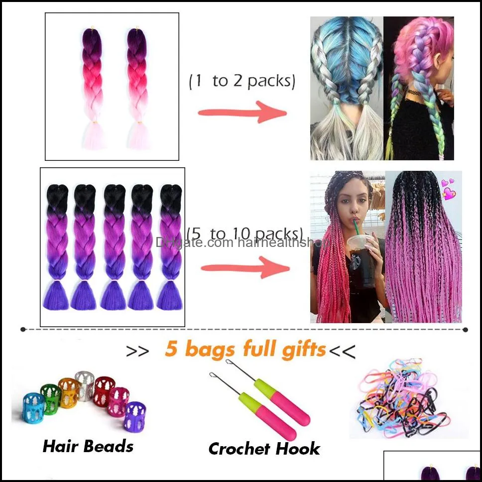 24 inches braiding hair extensions jumbo crochet braids synthetic hair style 100g/pc pure blonde pink green blue