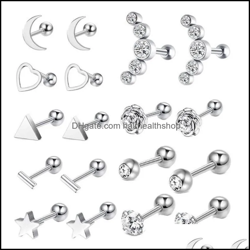 16g stainless steel moon heart cross rose ear barbell helix tragus cartilage earring set body piercing jewelry for men and women