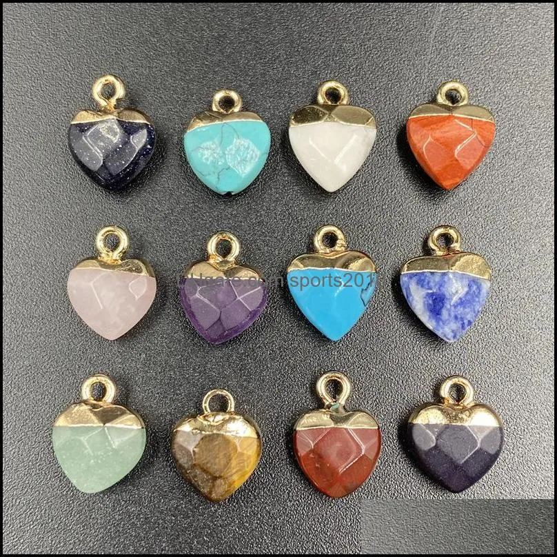 gold plating heart shape natural stone charms agate crystal turquoises jades opal stones pendant for jewelry making earrings necklace sports2010