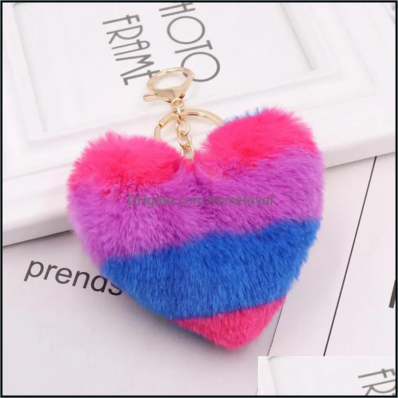 lovely heart keychains womens pom poms faux rex rabbit fur ball key chains girl bag hang car key ring pendant party gift 10pcs