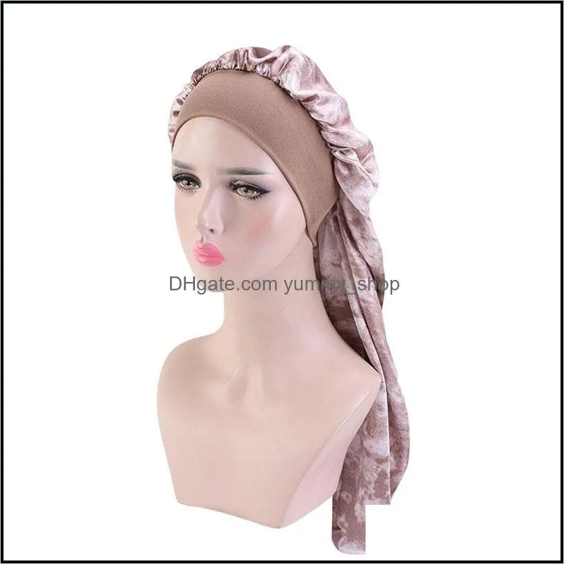 satin print long sleep caps bandana night turban hat headwrap bonnet women girl head cover hair care fashion accessories