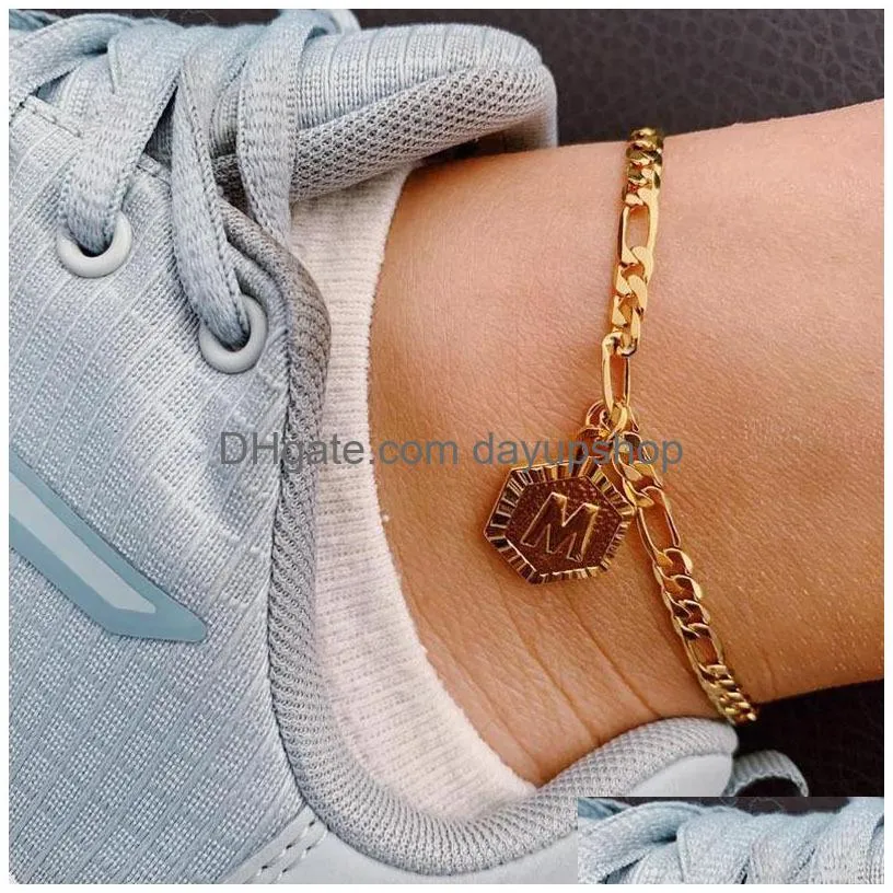 anklets personalized hexagon alphabet leg bracelets for women foot jewelry stainless steel chains friendship gifts initial anklet chains 85