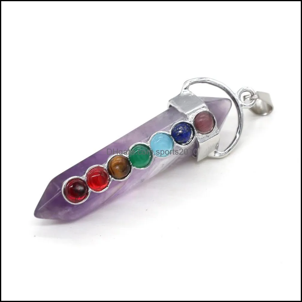 natural stone charms 7 chakra rhinestone rose quartz healing reiki crystal point pillar pendant women fashion 18x55mm sports2010