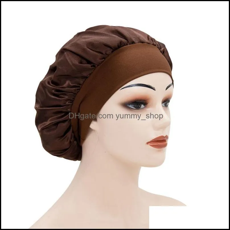 women girl wide band satin silk bonnet caps comfortable night sleep solid color hat lady soft hair care headwrap