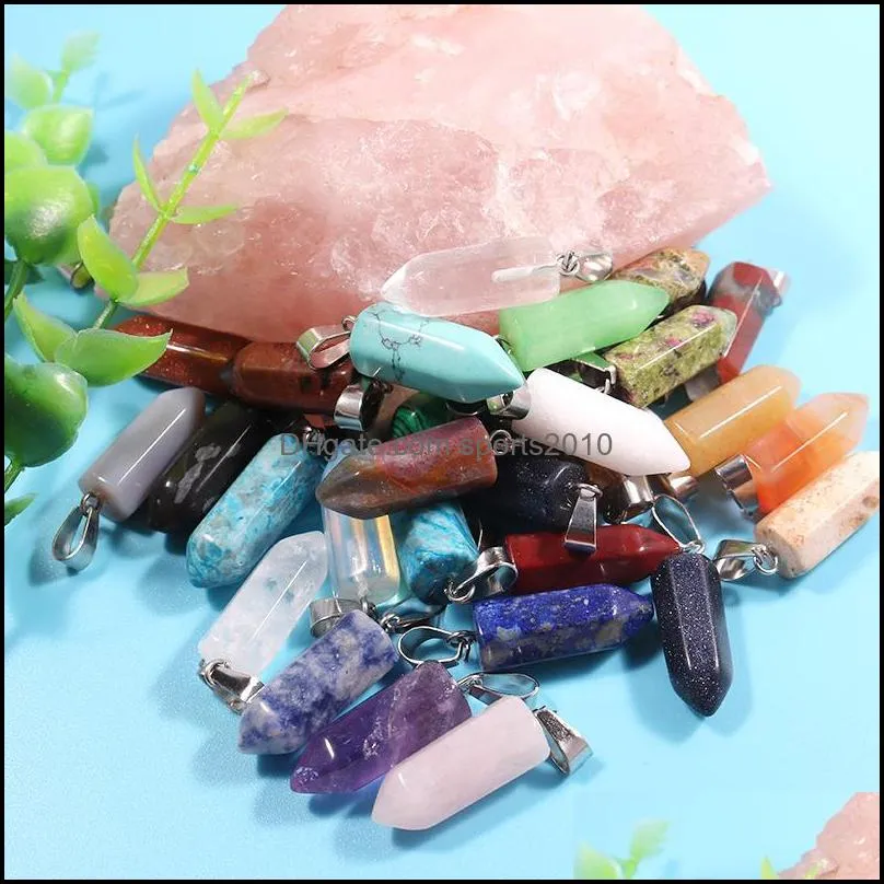 9x22mm charms assorted natural stone pendants point charms hexagonal pillar agate stones pendant for jewelry making sports2010