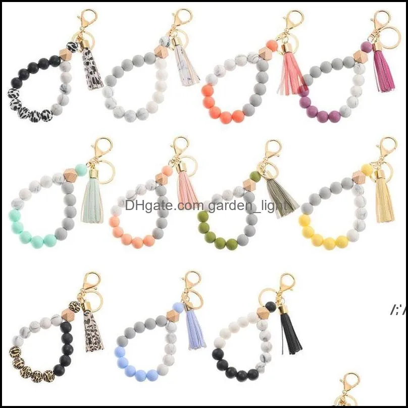 silicone key ring bracelet beaded wrislet keychain portable keys holder tassel chain wooden wristlet bangle keyrings chain pab14770