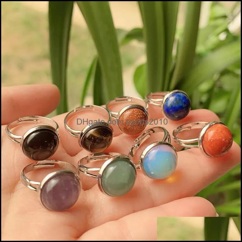 natural stone crystal rings chakra healing small round open adjustable amethyst lapis pink quartz women ring party wedding jewelry sports2010