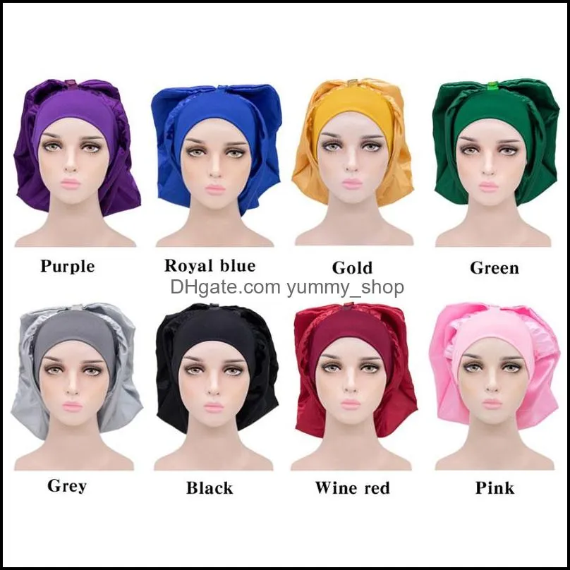 solid color bath head wrap night sleeping caps elastic wide band bonnet women satin hat hair care