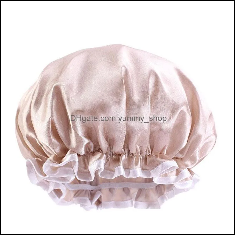 solid color double layer satin night hat waterproof sleep caps bath home headwear hair care fashion accessories for women lady