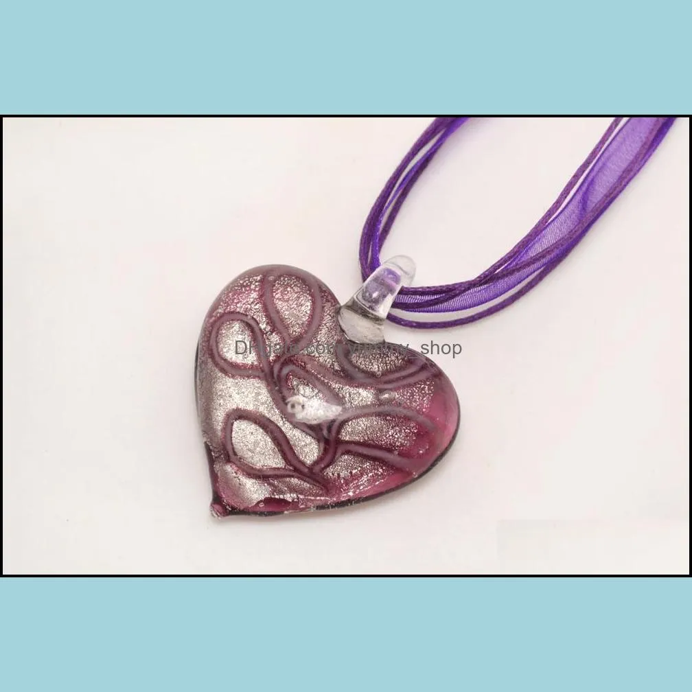 fashion glass heart shape flower pendant necklace wholesale 6pcs handmade mixed color murano lampwork