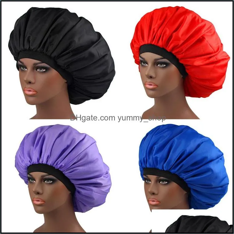 solid color extra large double layer night hats women lady satin sleep caps hair care bath headwear fashion accessories