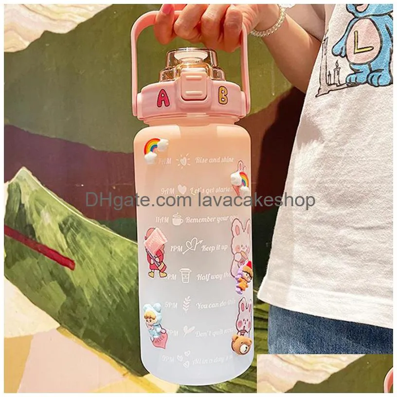 2 liter large capacity motivational with time marker fitness jugs gradient color plastic water bottle frosted stickers cup 220307