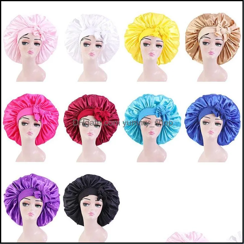 solid color large satin bowknots sleeping caps beanie night hat women lady headwear turban fashion accessories