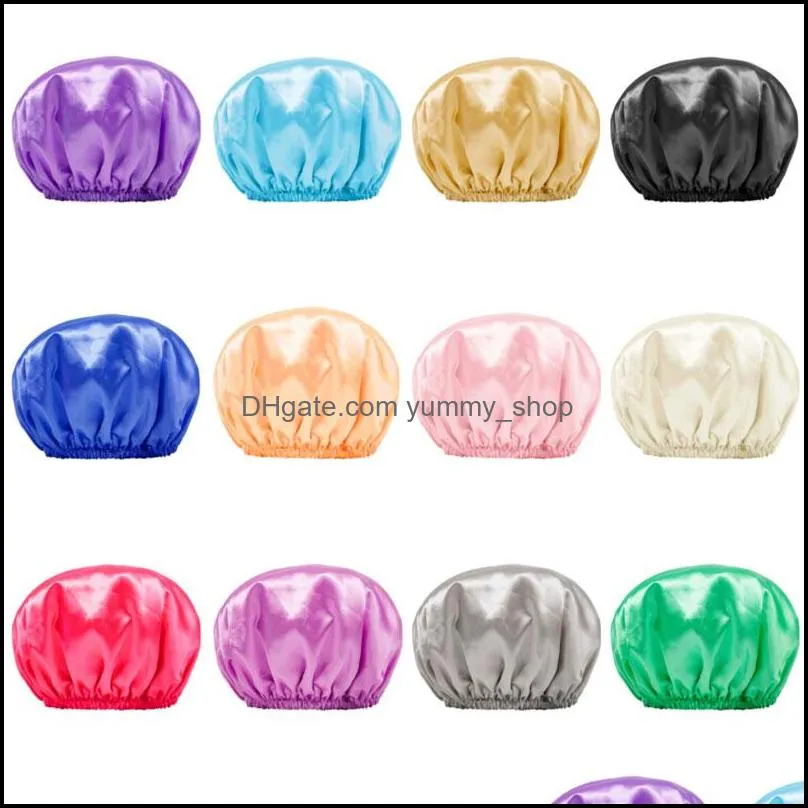 double layer solid color satin waterproof hat beanie adjustable bath shower caps headwear hair care for women girl