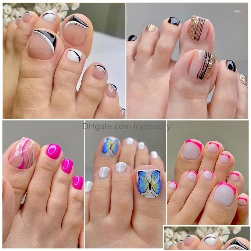 false nails 24pcs toe full cover wearable fake toenail art finished removable nail stickers press on with glue