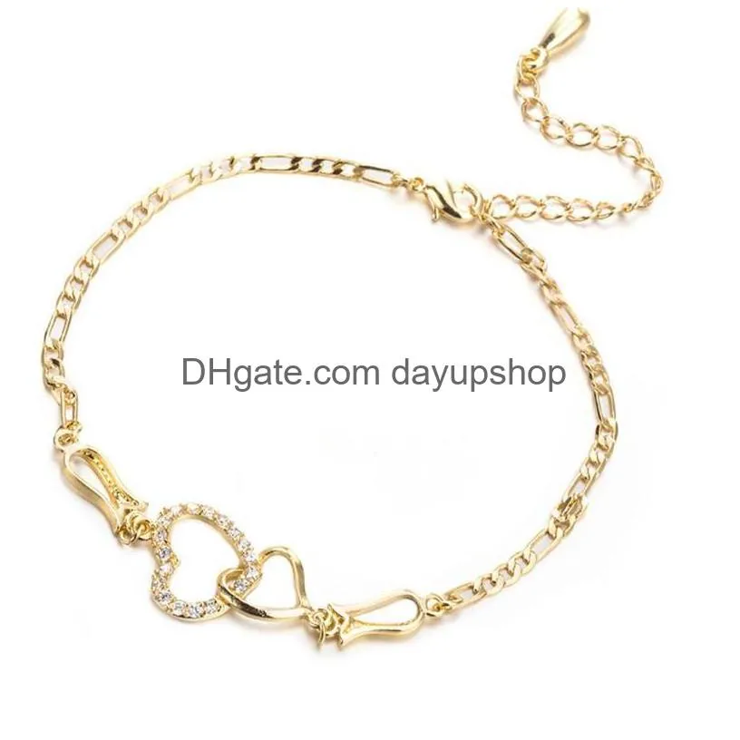 women summer beach feet jewelry gold silver rose gold adjustable cz double hearts anklet chain bracelet for wedding party 295 w2